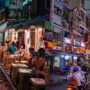Split screen image. On left, Hanoi's train street; On the right, bustling road in Ho Chi Minh City