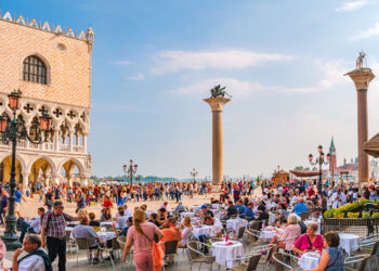 Overcrowded San Marco Square in the historical centre of Venice