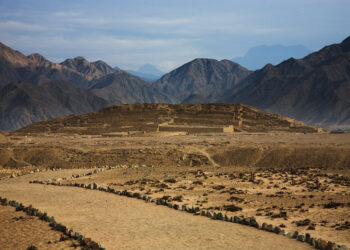 Ruins of Caral-Supe seen in front of the mountainscape