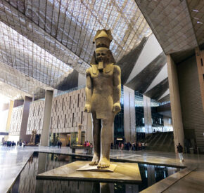Ramses II statue seen in the atrium of the Grand Egyptian Museum